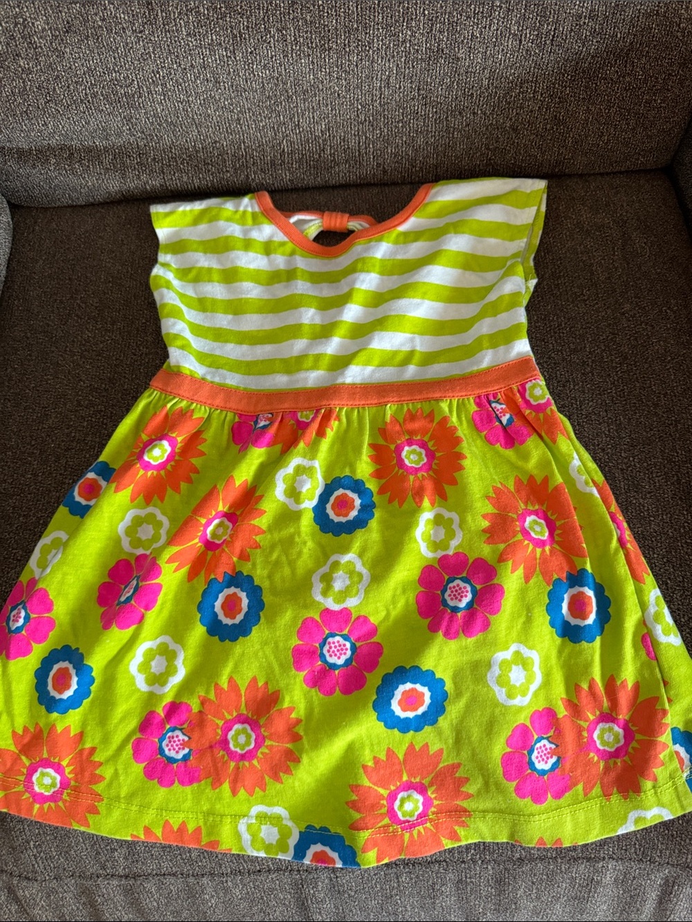 Bright Neon Green Floral Stripe Girls' Casual Dress